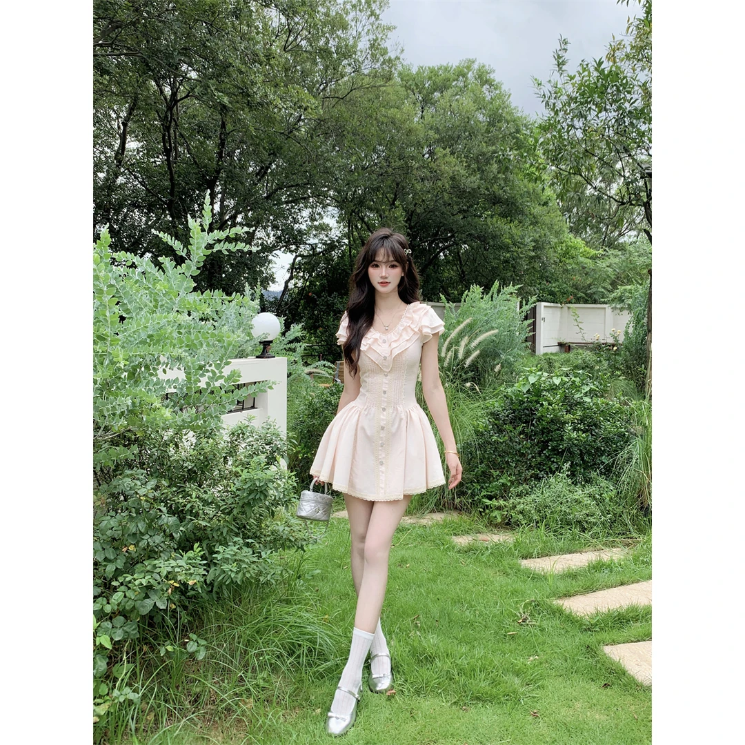 越韩小鱼‘桂馥兰香 法式少女粉色连衣裙收腰显瘦重工蓬蓬短裙女夏