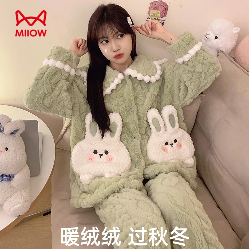 猫人冬季珊瑚绒睡衣女款爆款2025新款秋冬款加绒套装大码家居服女
