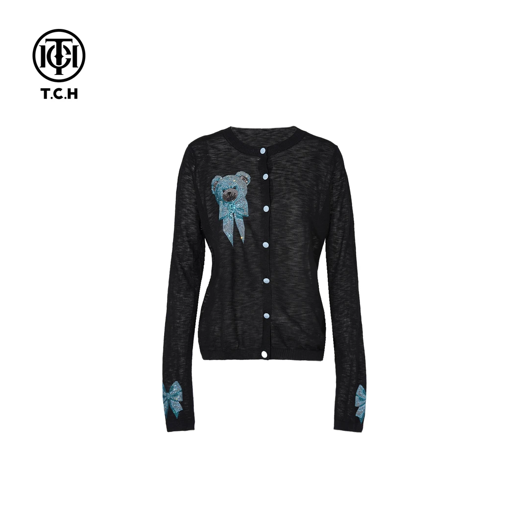 TCH私服烫钻工艺新款时尚休闲百搭针织开衫女T75A43E5060轻奢tch