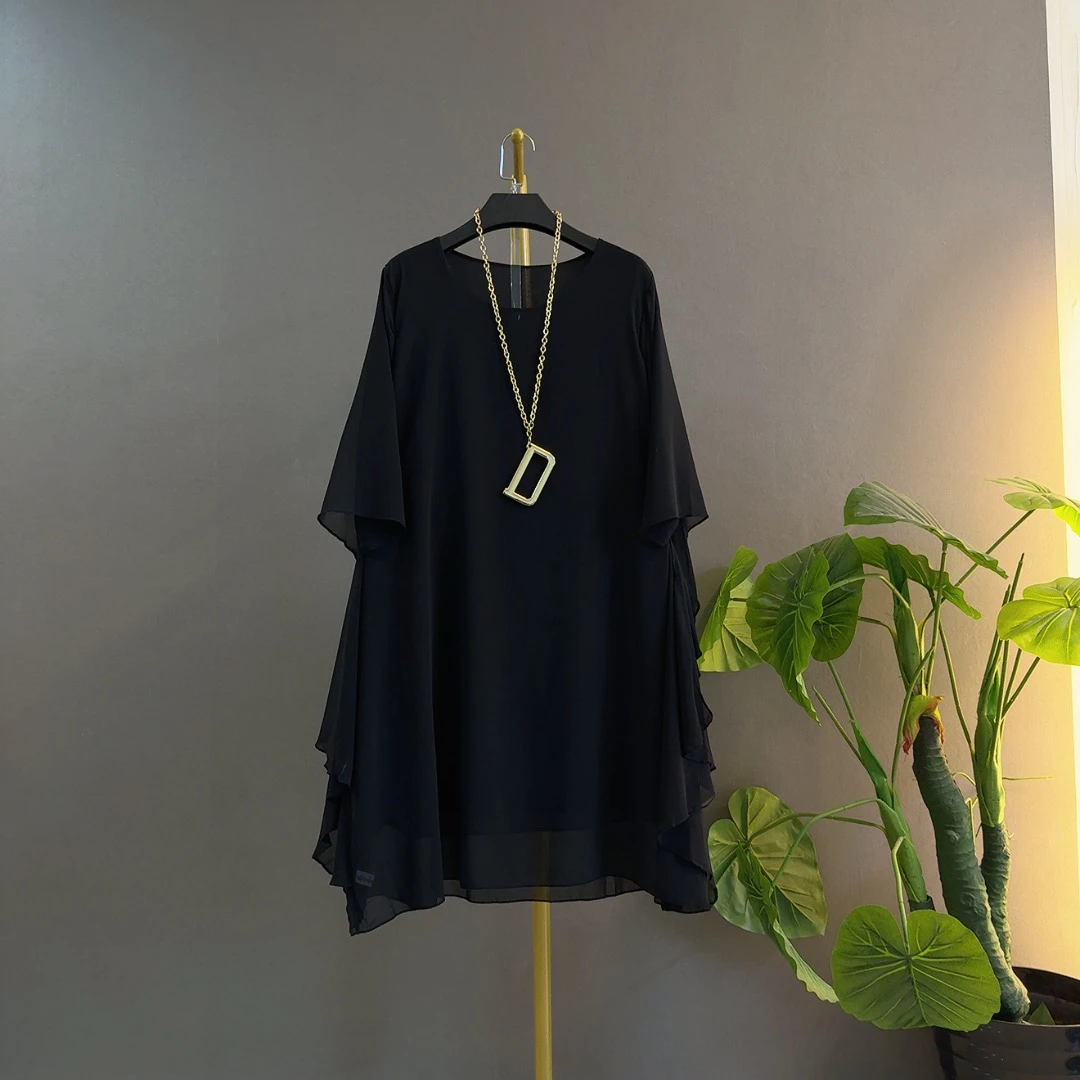 夏季轻职风套头中长裙显瘦黑色时尚大码苹果型胖mm大码连衣裙