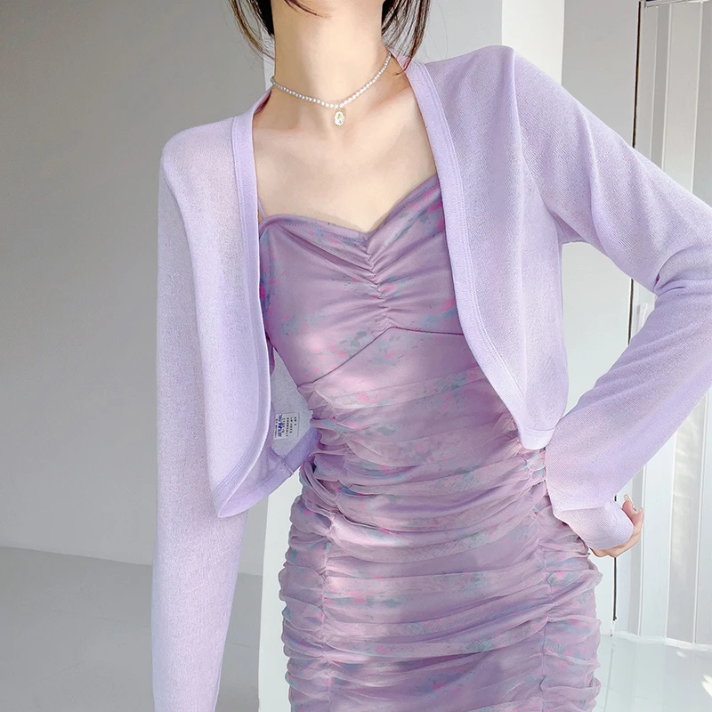 夏季紫色韵味防晒针织外套女配吊带背心外搭开衫坎肩长袖时尚上衣