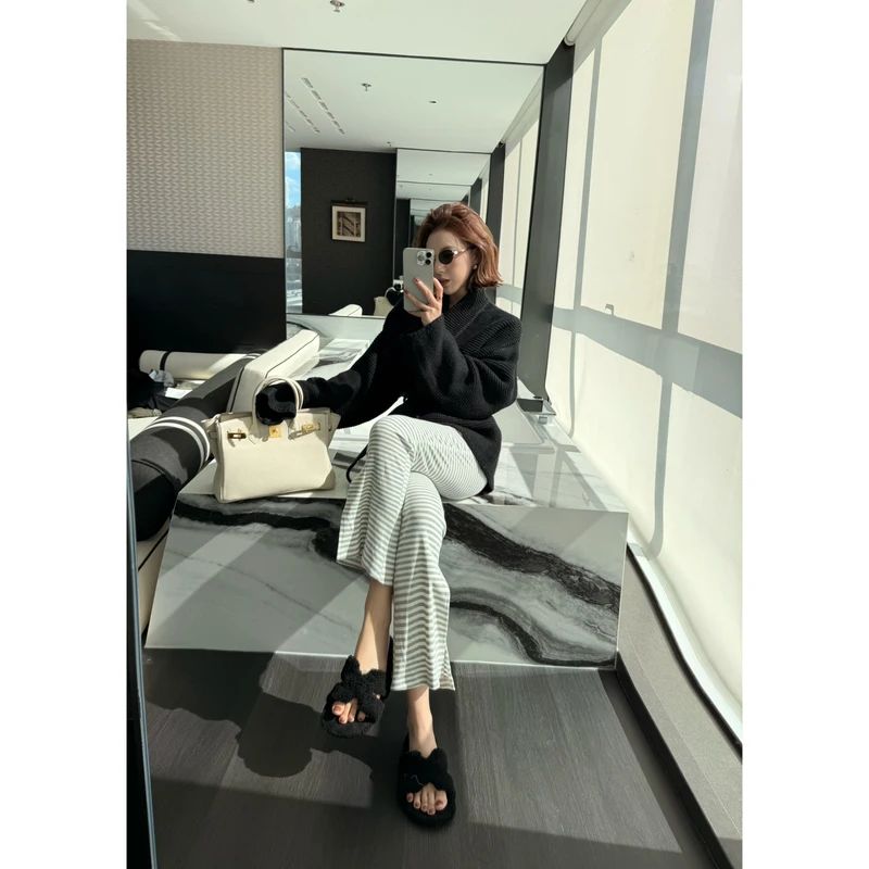 【娇娇私服定制】新款时尚高腰条纹开叉休闲裤82067#