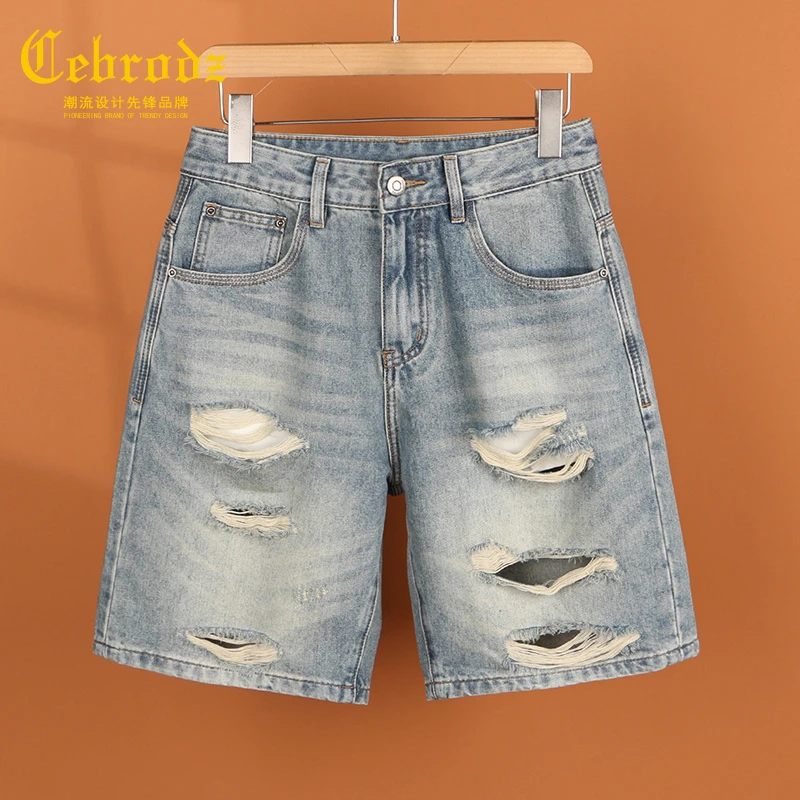 法国Cebrodz男五分裤夏季薄款宽松休闲刮烂做旧男士破洞牛仔短裤