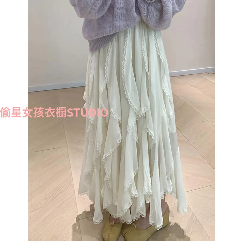 春夏拼接蕾丝边白色蛋糕裙女不规则半裙设计感小众高腰显瘦A字裙