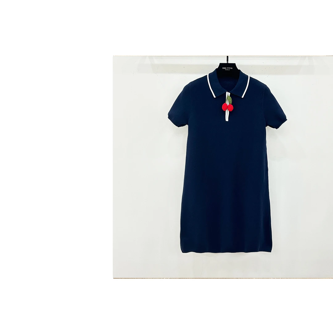 【西西高定】可爱俏皮领口拼色樱桃装饰短袖连衣裙