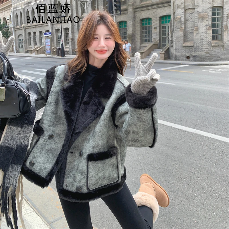晕染爆款皮毛一体羊羔毛外套女冬季又酷又飒毛绒绒棉服机车服韩系