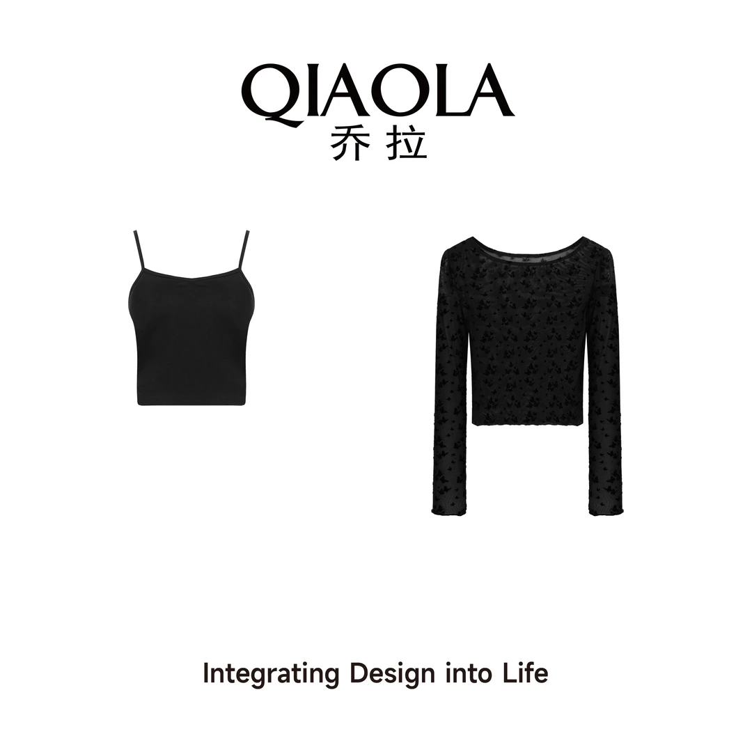 QIAOLA/乔拉【花间绮梦】夏季新款黑色弹力网纱圆领百搭套装预售