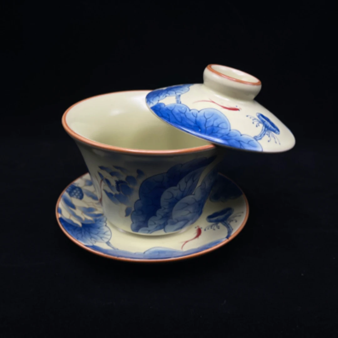 黄汝鱼戏荷莲三才泡茶碗可悬停高端汝窑盖碗0208