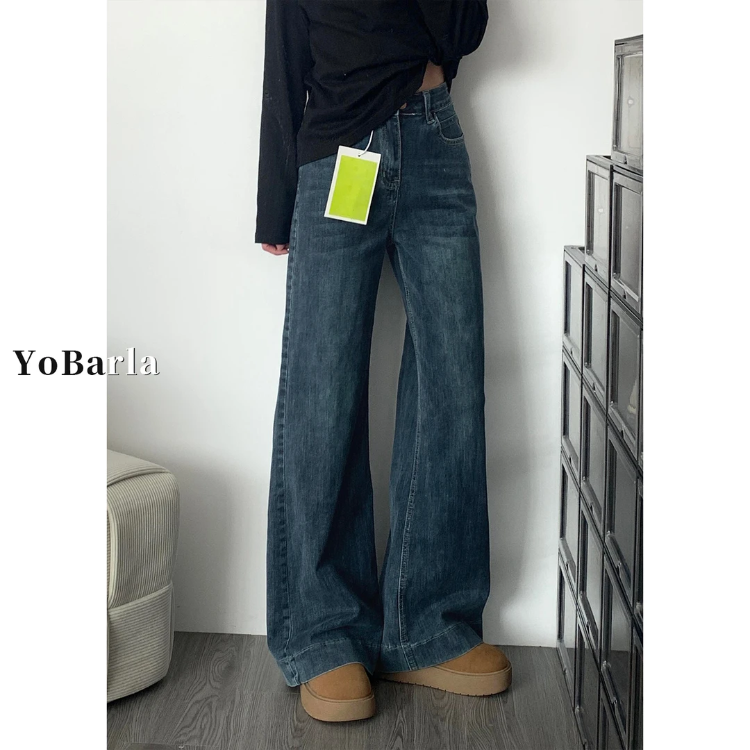 复古不贴腿微喇牛仔裤女秋冬新款大码胖mm宽松梨型身材显瘦喇叭裤