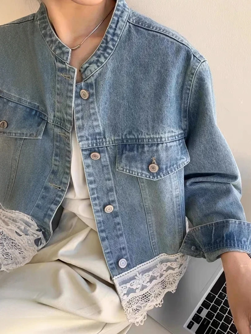 2025春季新款气质短款蕾丝花边牛仔外套女欧货休闲百搭夹克上衣潮