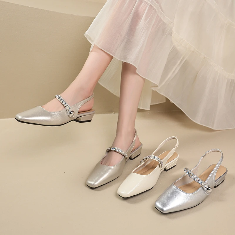 平底低跟包头凉鞋女2025春夏新款法式时尚水钻一字带浅口方头单鞋