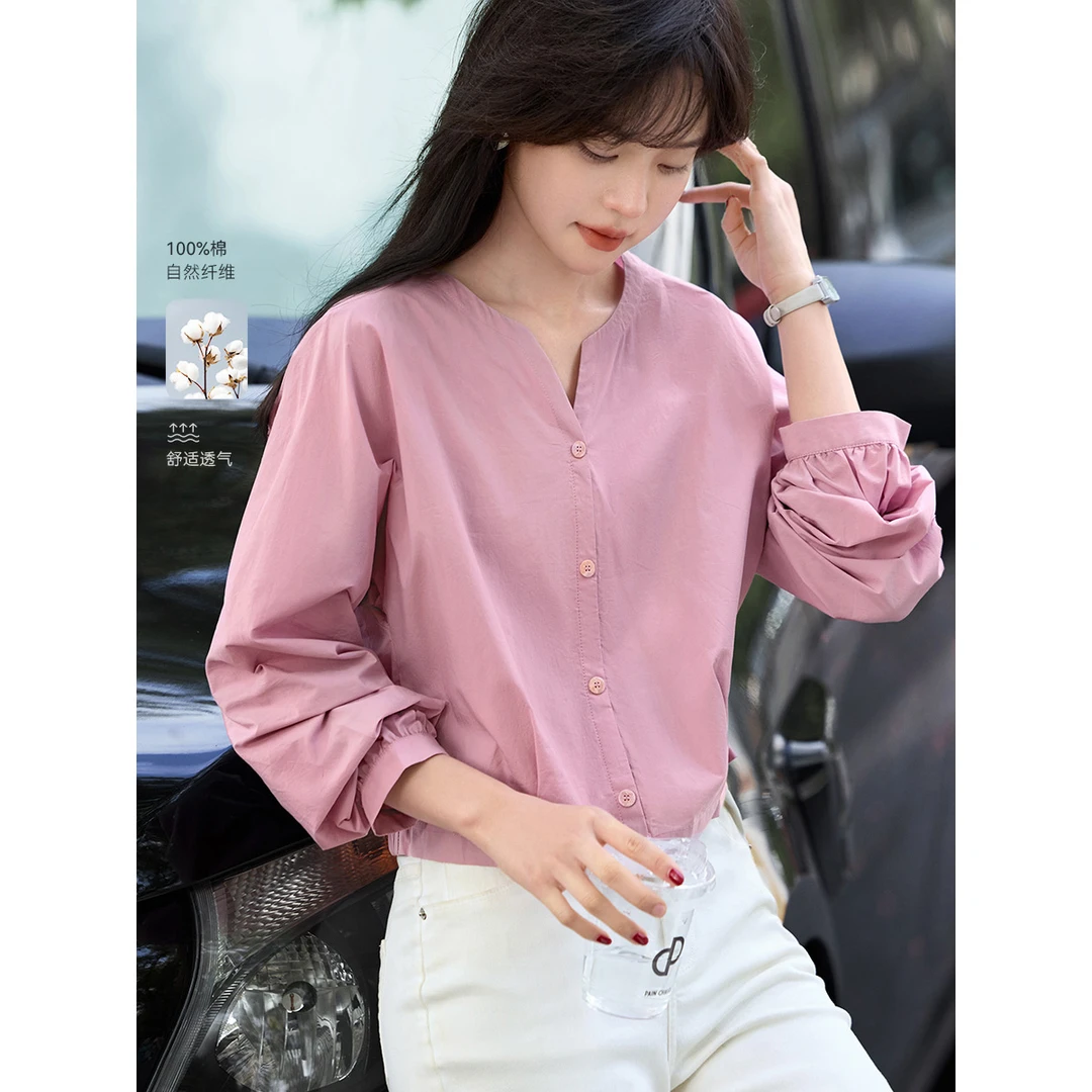 沫晗依美纯棉南法休闲衬衫2025早秋新款上衣气质休闲V领粉色小衫