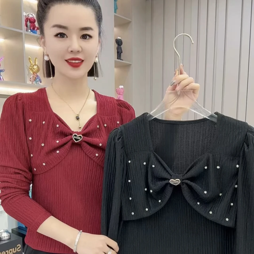 时尚V领拼接镶钻蝴蝶结显瘦长袖打底衫洋气上衣