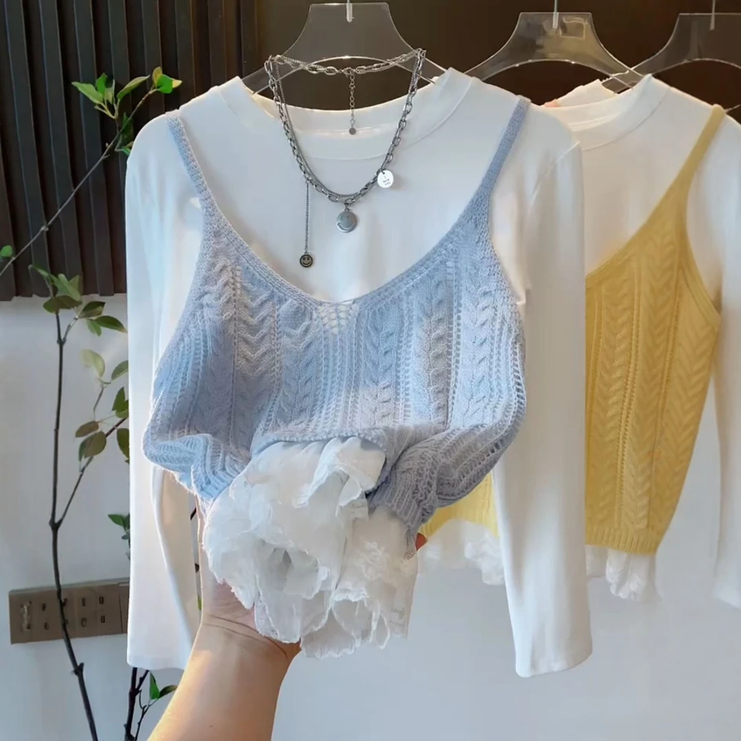 韩系甜美纯欲风针织毛衣吊带背心女早春蕾丝花边长袖t恤两件套