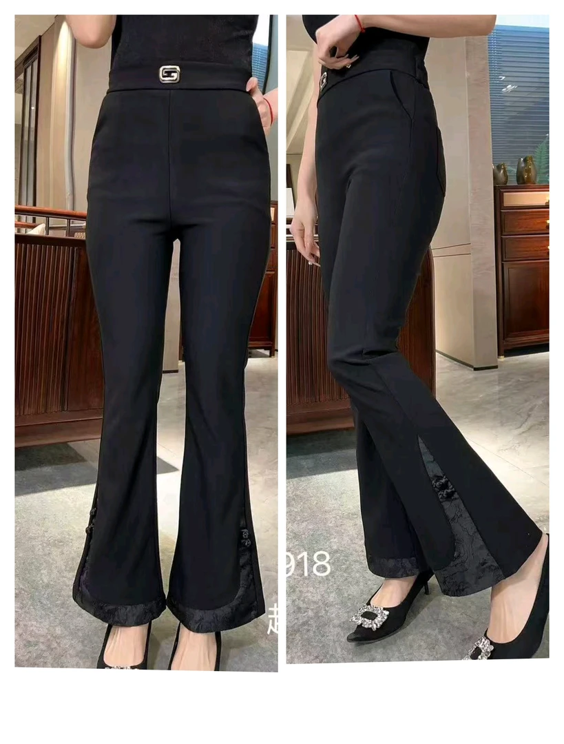 黑色高腰微喇裤女显瘦时尚宽式九分垂感喇叭裤拼接国风版型百搭款