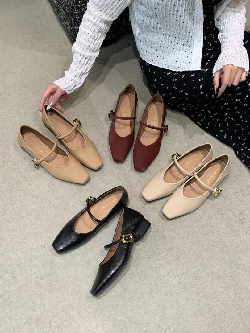 粗跟方头单鞋女鞋2025春季新款韩版奶奶鞋中跟一字带法式玛丽珍鞋