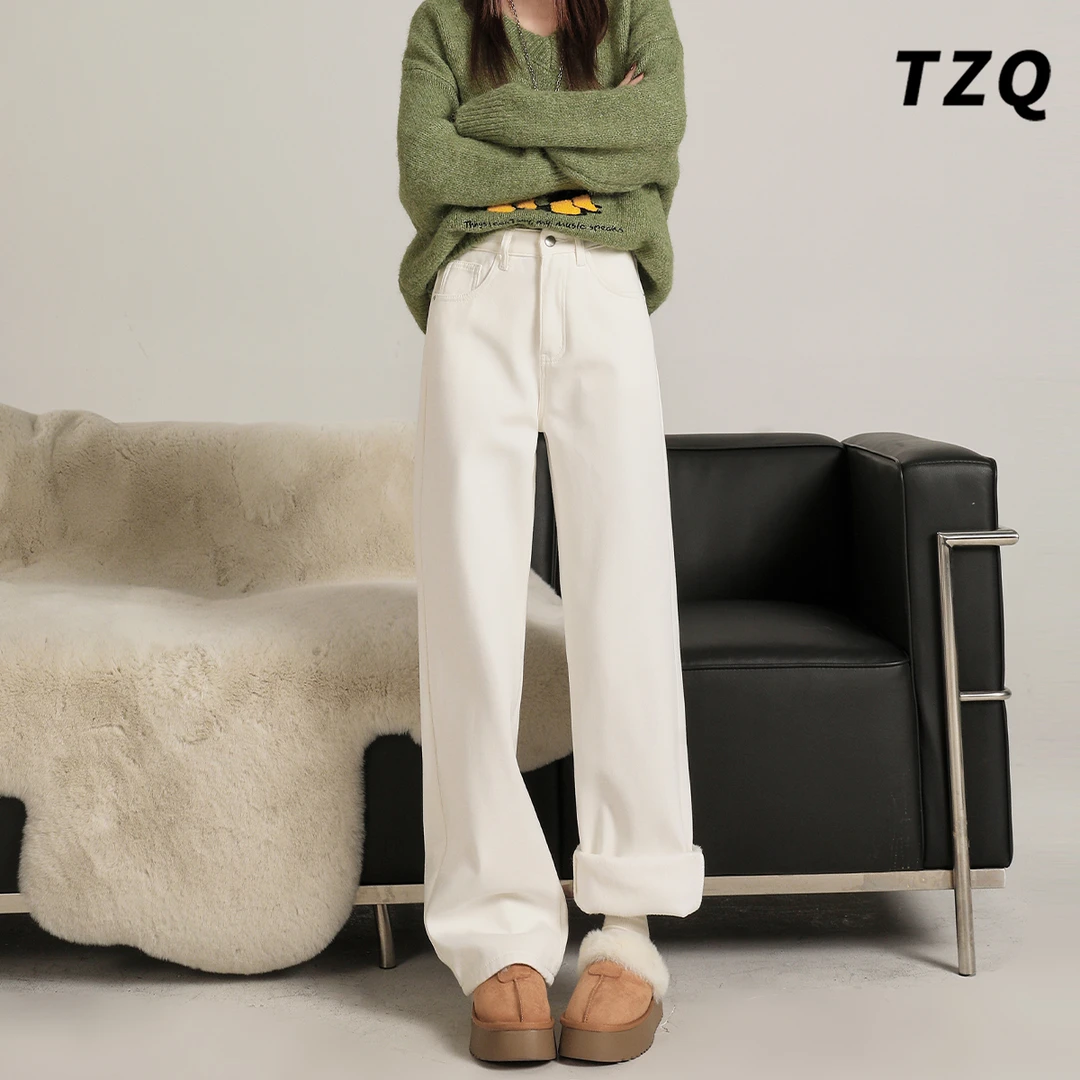 白色加绒高腰直筒牛仔裤女2025新款冬季休闲百搭长裤TZQ25110527