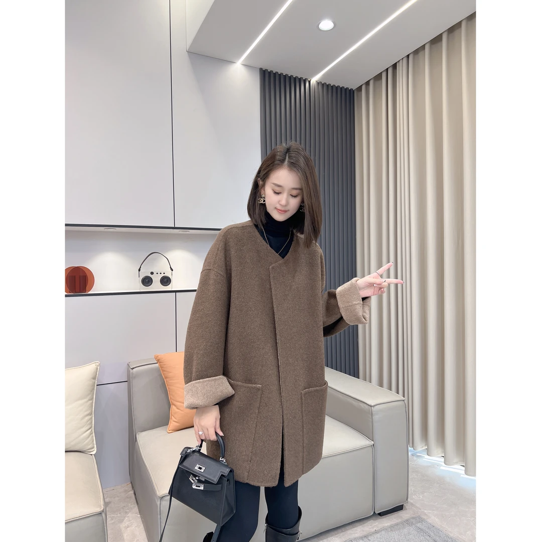 【西雅图】秋冬新款气质时尚女士中长款粗呢外套