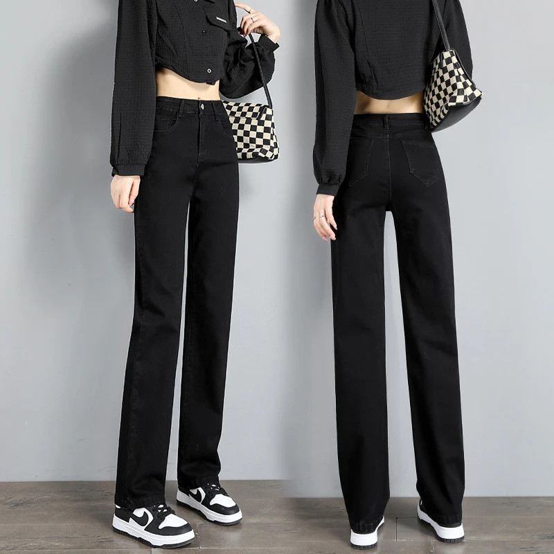 黑色直筒牛仔裤女2025年新款春秋修身百搭弹力高腰窄版烟管长裤子