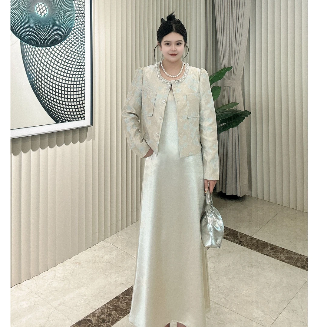 【张张定制】春夏款新款显瘦百搭重工轻奢暗纹提花吊带裙两件套9001