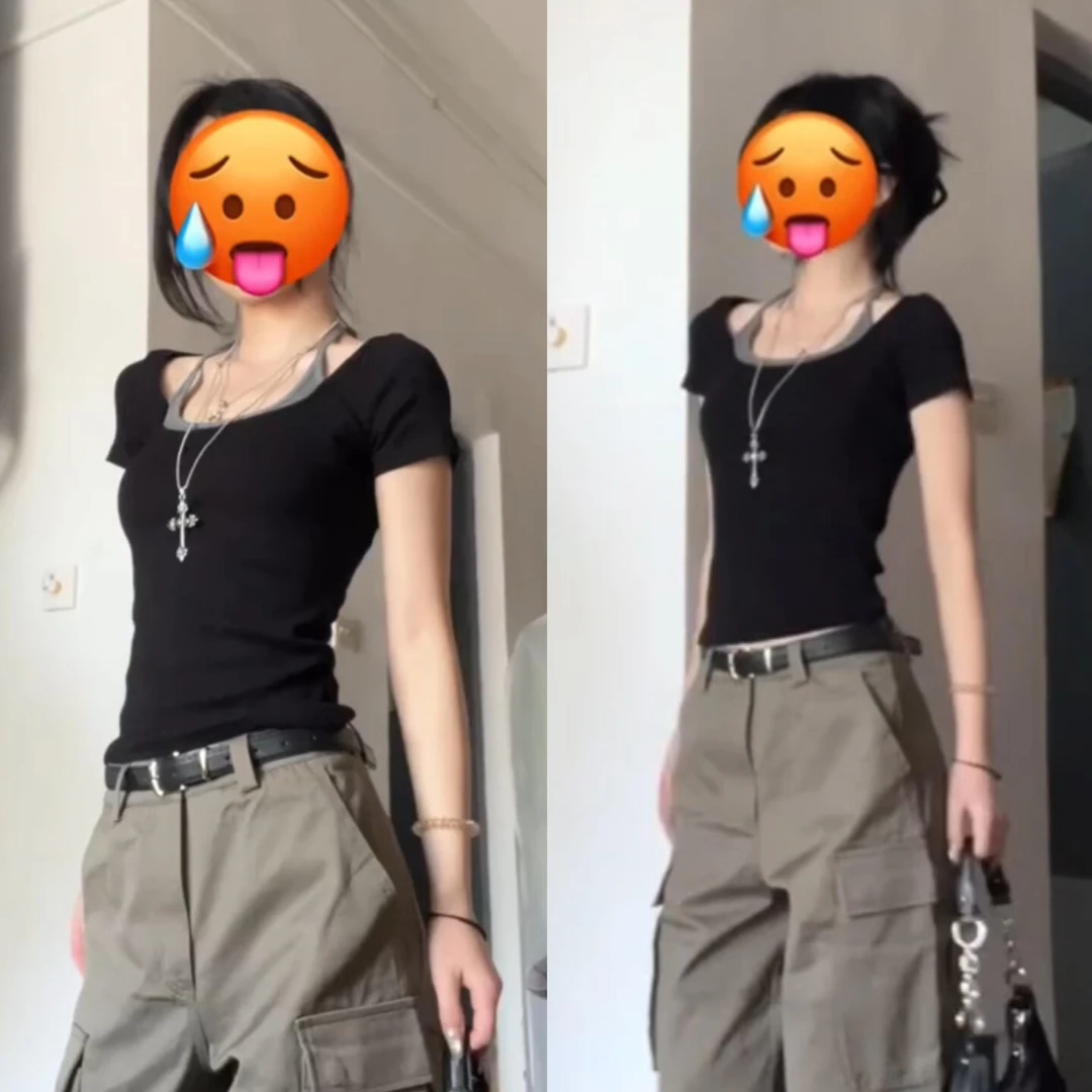 现货！！！6-8运补夏新款假两件挂脖绑带设计感辣妹修身短袖百搭上衣