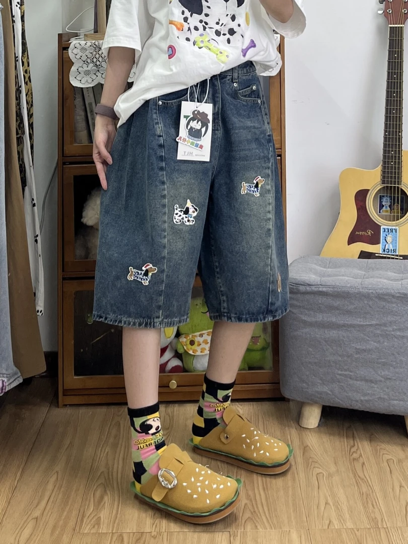 微胖mm趣味小狗贴布绣牛仔七分裤女夏季新款设计感宽松阔腿直筒裤