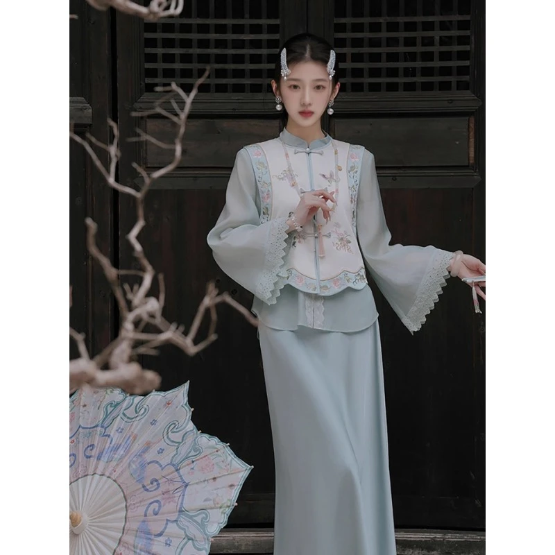 【蓝孔雀】新中式重工刺绣马甲衬衫三件套装早秋新款气质女装