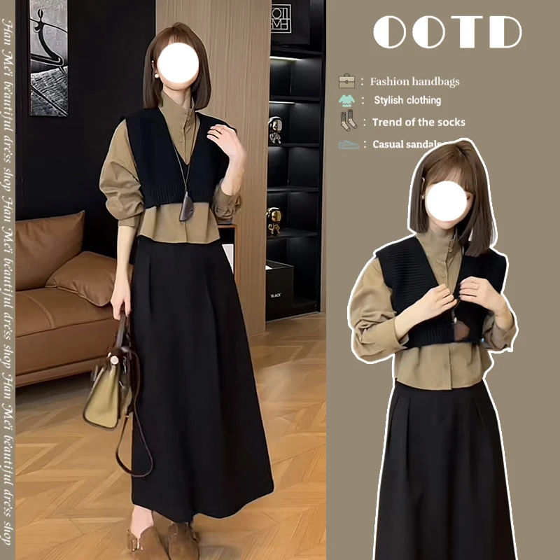 入秋穿搭一整套女2025新款韩版长袖衬衫短款马甲时尚半身裙三件套