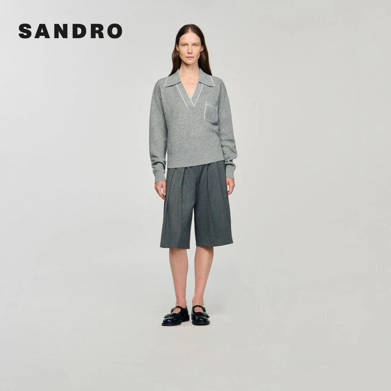 SANDRO2025秋季新款女装法式V领绵羊毛灰色套头针织衫SFPPU02376
