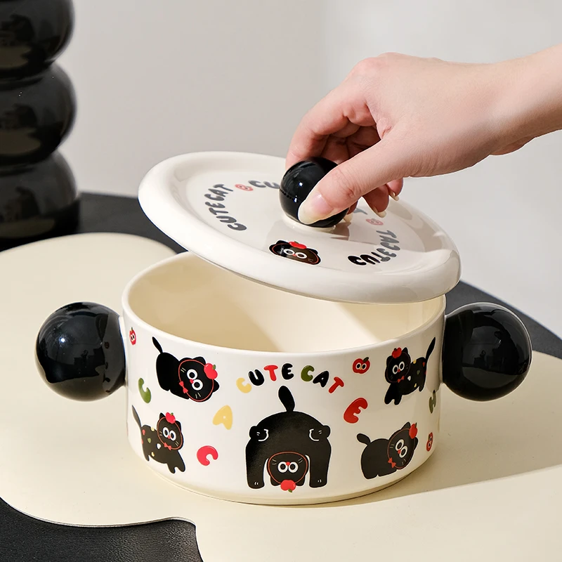 卡通猫咪陶瓷双耳大汤碗餐具家用可爱带盖汤碗宿舍泡面碗螺蛳粉碗