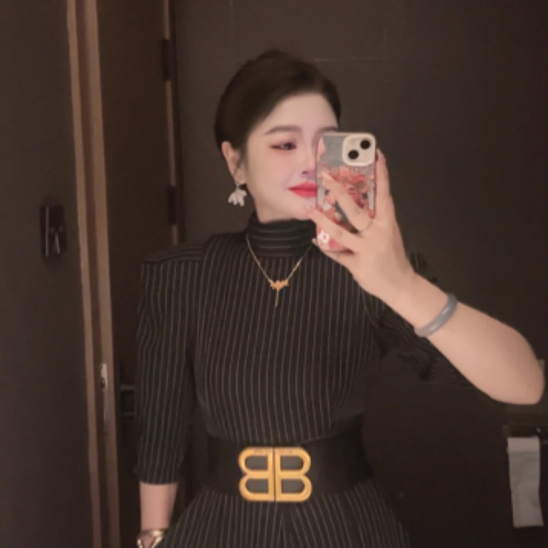 高腰打底中腰原创设计名媛不规则针织连体裤半高领通勤风条纹