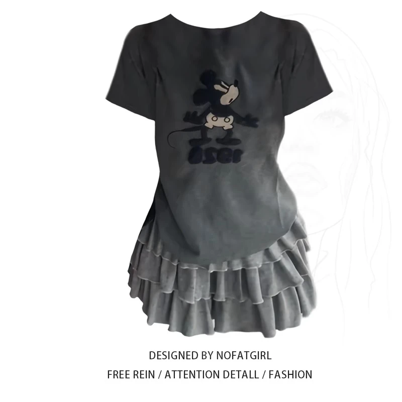 大码胖MM灰色趣味印花短袖T恤上衣女夏季新款高腰蛋糕裙两件套装