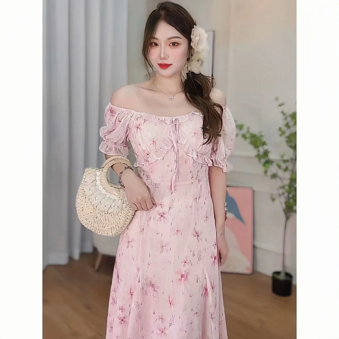 亏本清【锦觅花仙】Mai Mai◆夏季女V领碎花系带短袖连衣裙长裙