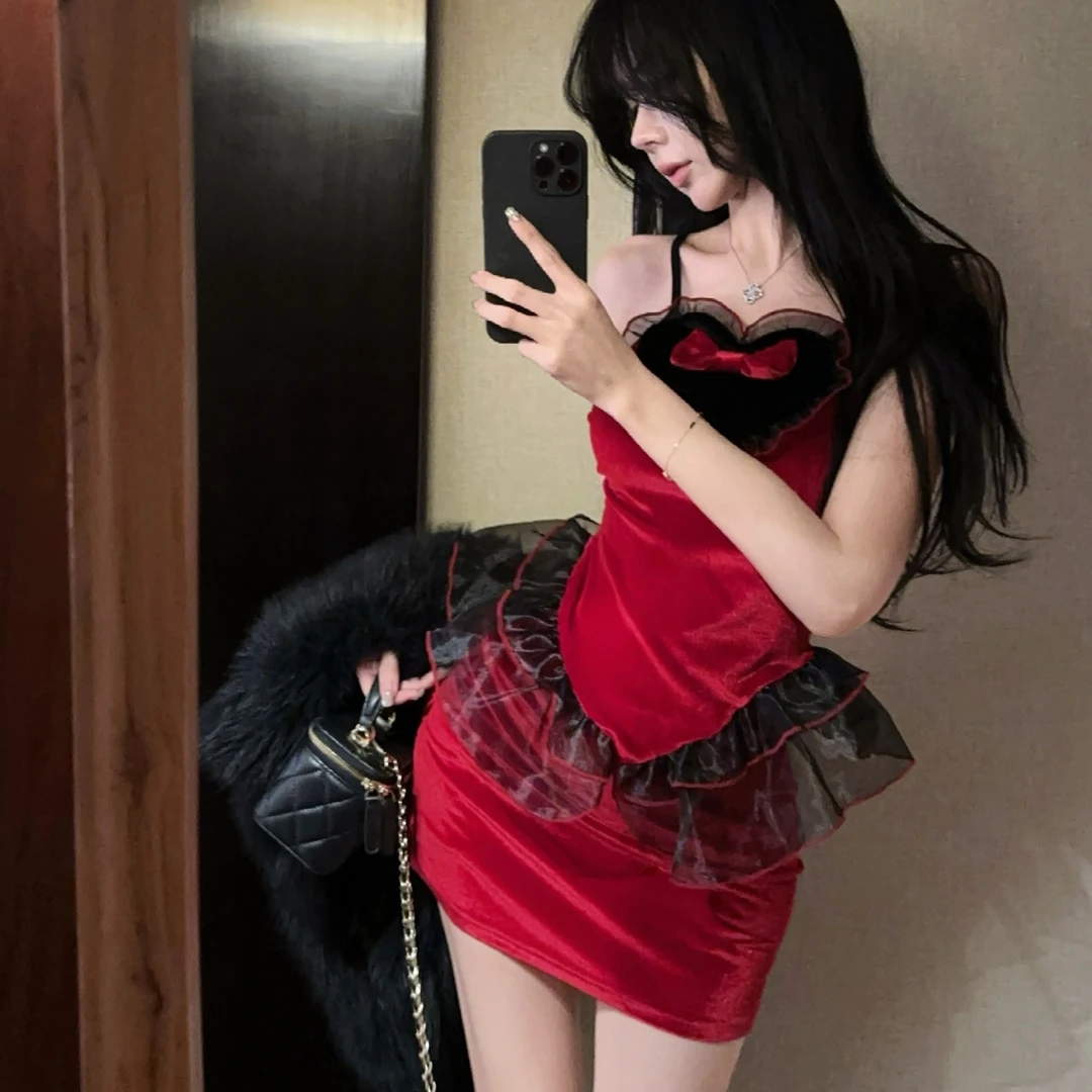 女装套装性感辣妹吊带荷叶边公主圣诞新年礼服红色丝绒连衣裙女