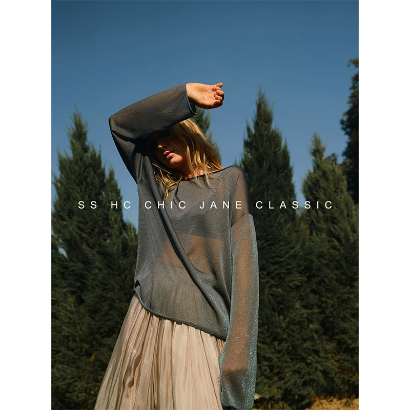 CHICJANE池简意大利进口ISY纱线/轻呼吸朦胧微透极光微闪针织罩衫