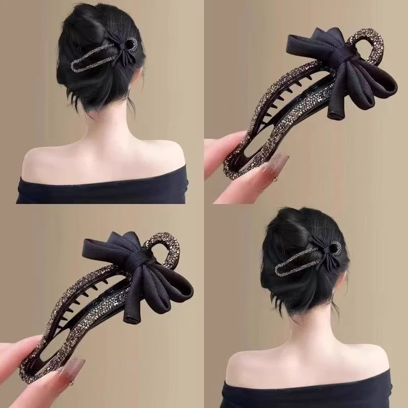 新款镶钻一字夹高端抓夹女网红后脑勺蝴蝶结懒人盘发夹鸭嘴夹发饰
