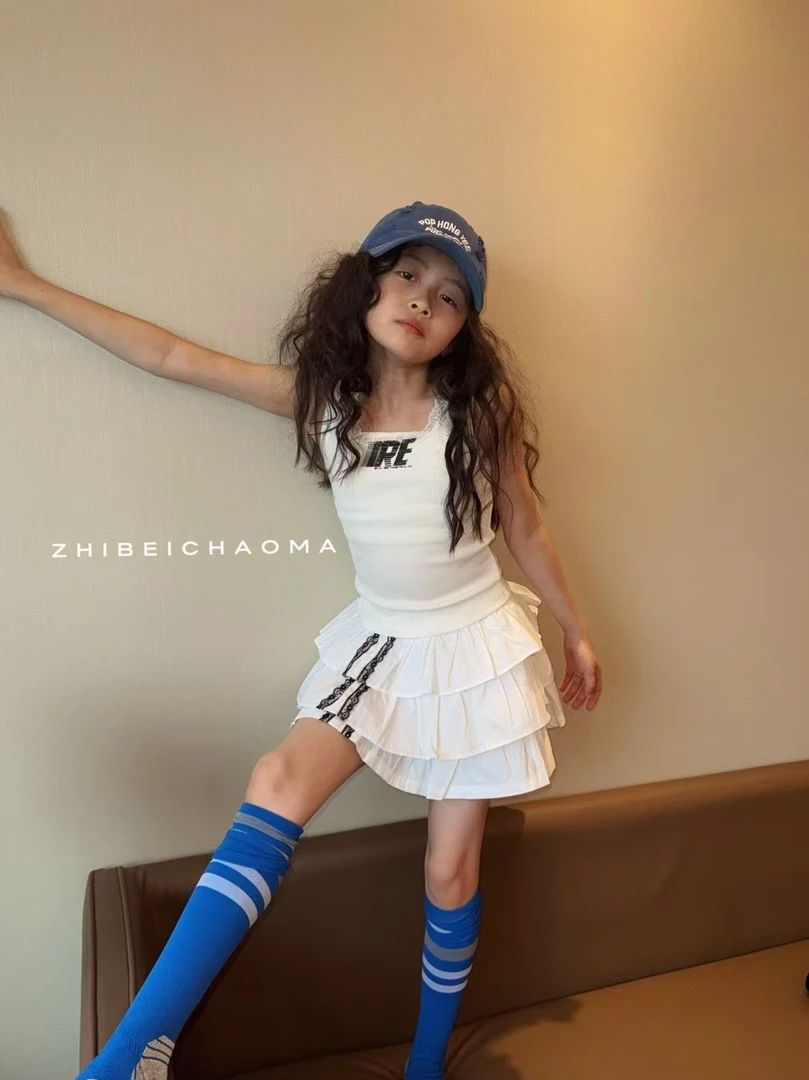 女童夏季海军领背心蛋糕裙韩版洋气时髦童装白色设计感