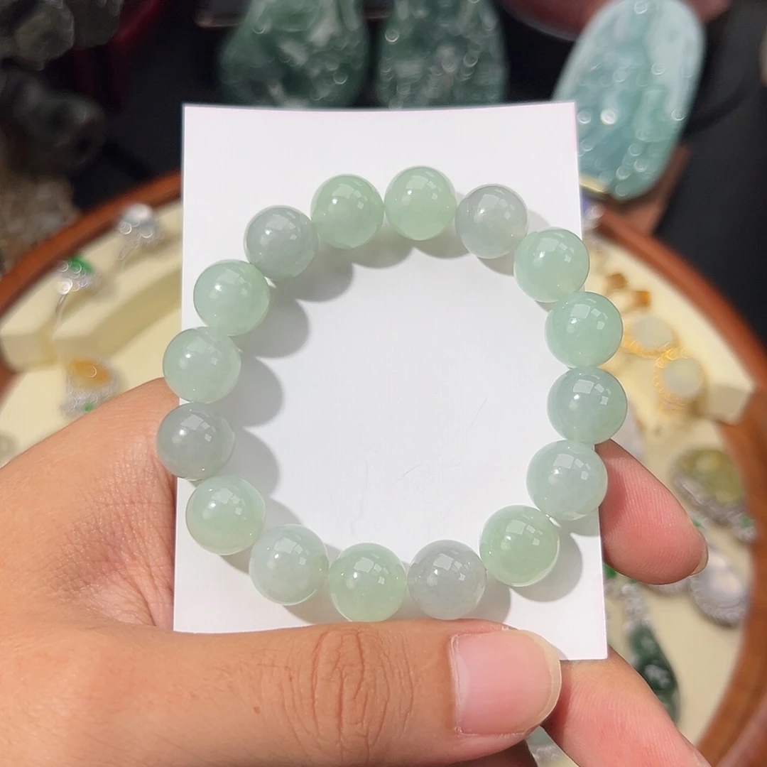 翡翠未镶嵌手链果绿底糯冰芙蓉种手串卡12