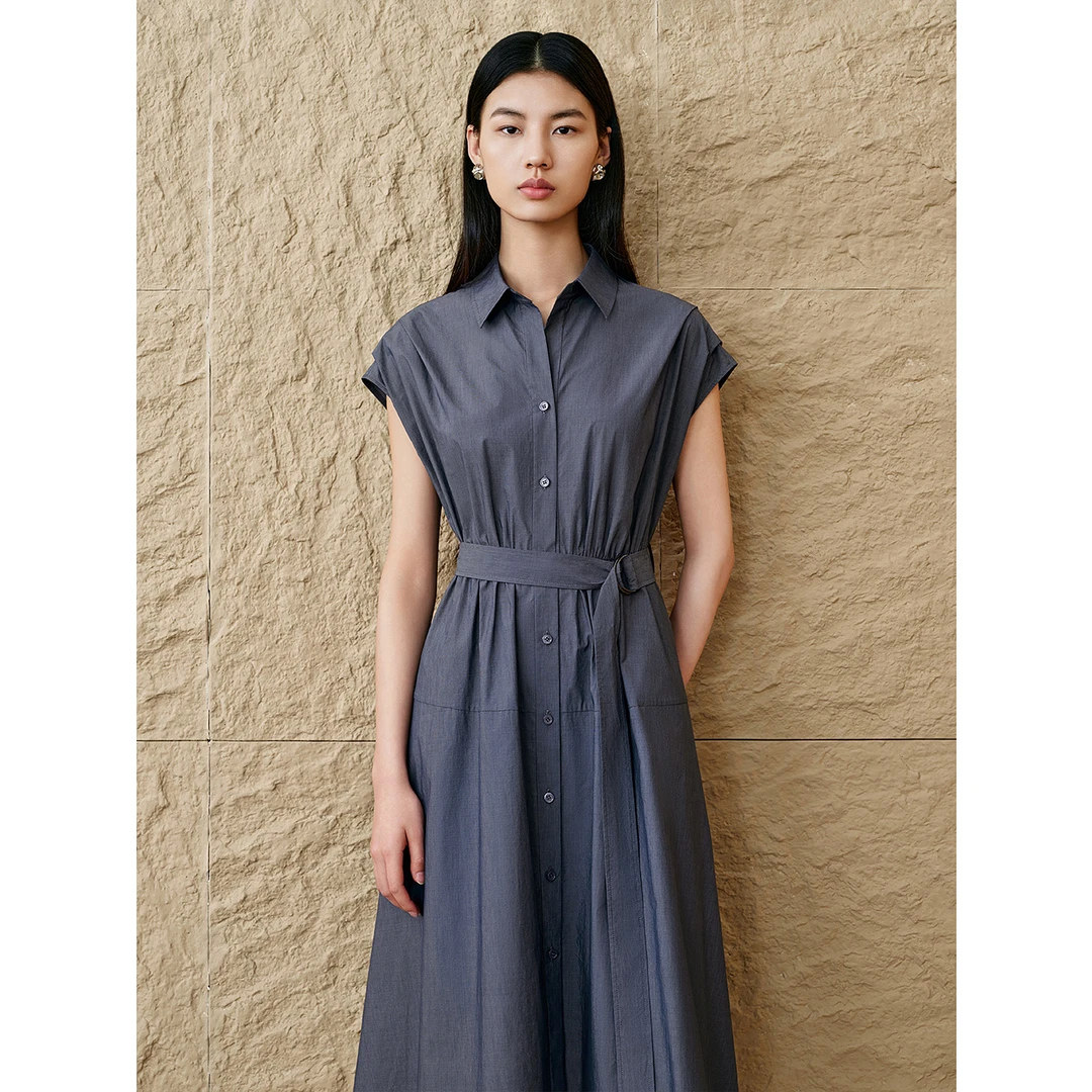 「高能量衣橱」INSUN恩裳夏款灰蓝气质A字收腰衬衫连衣裙9C65205160