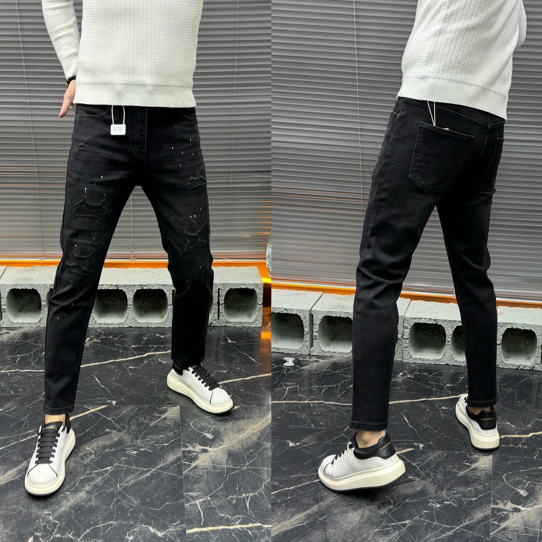 欧货磨痕破洞补丁九分男士牛仔裤时尚显瘦刮烂休闲秋冬季痞帅潮流