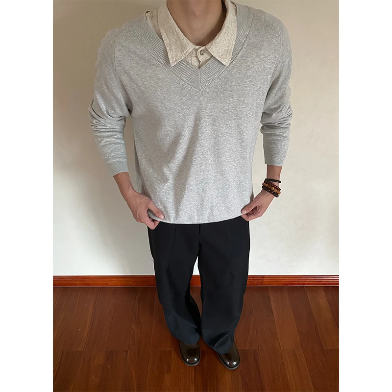 Focus221 纯棉v领简约cleanfit纯色毛衣秋冬男慵懒风针织衫