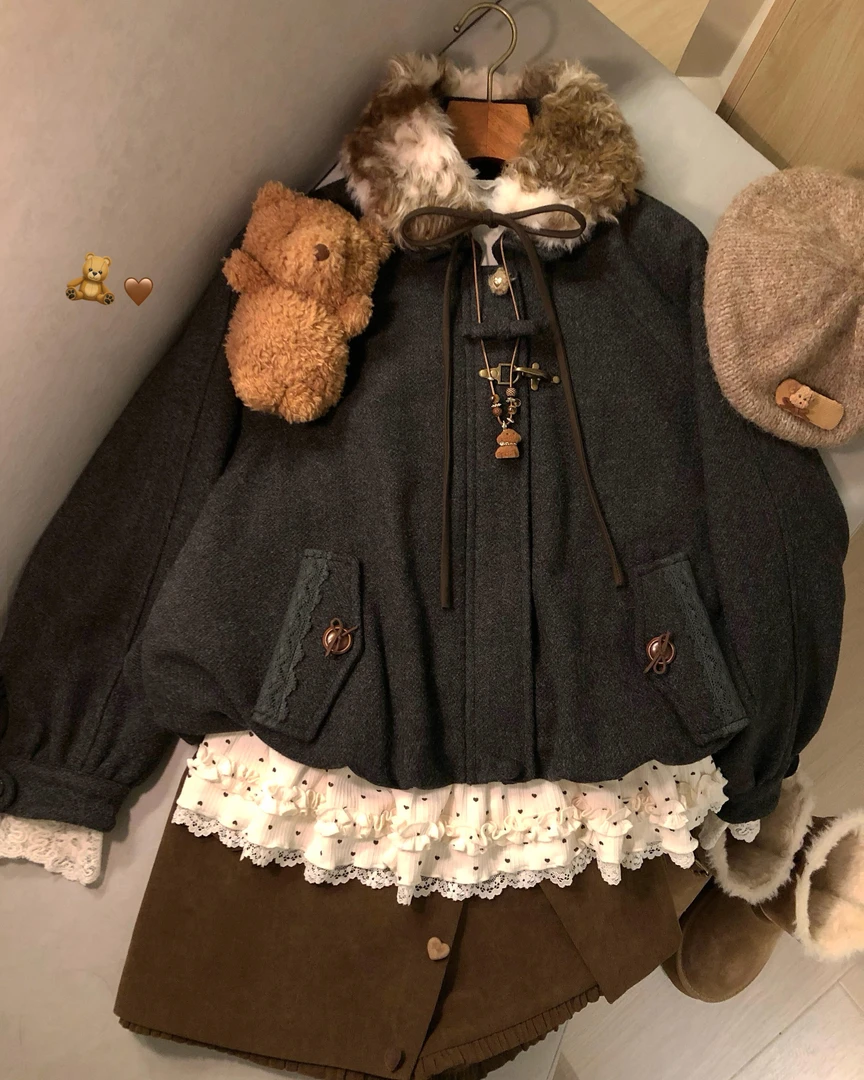 美式复古蝴蝶结毛领花苞棉服女冬季新款加厚保暖复古宽松短款外套