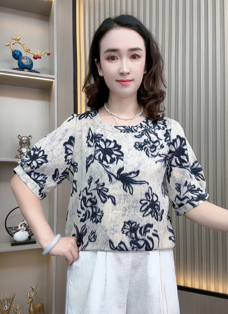 水墨画新中式夏季短袖高端时尚洋气遮肚显瘦百搭气质圆领小衫