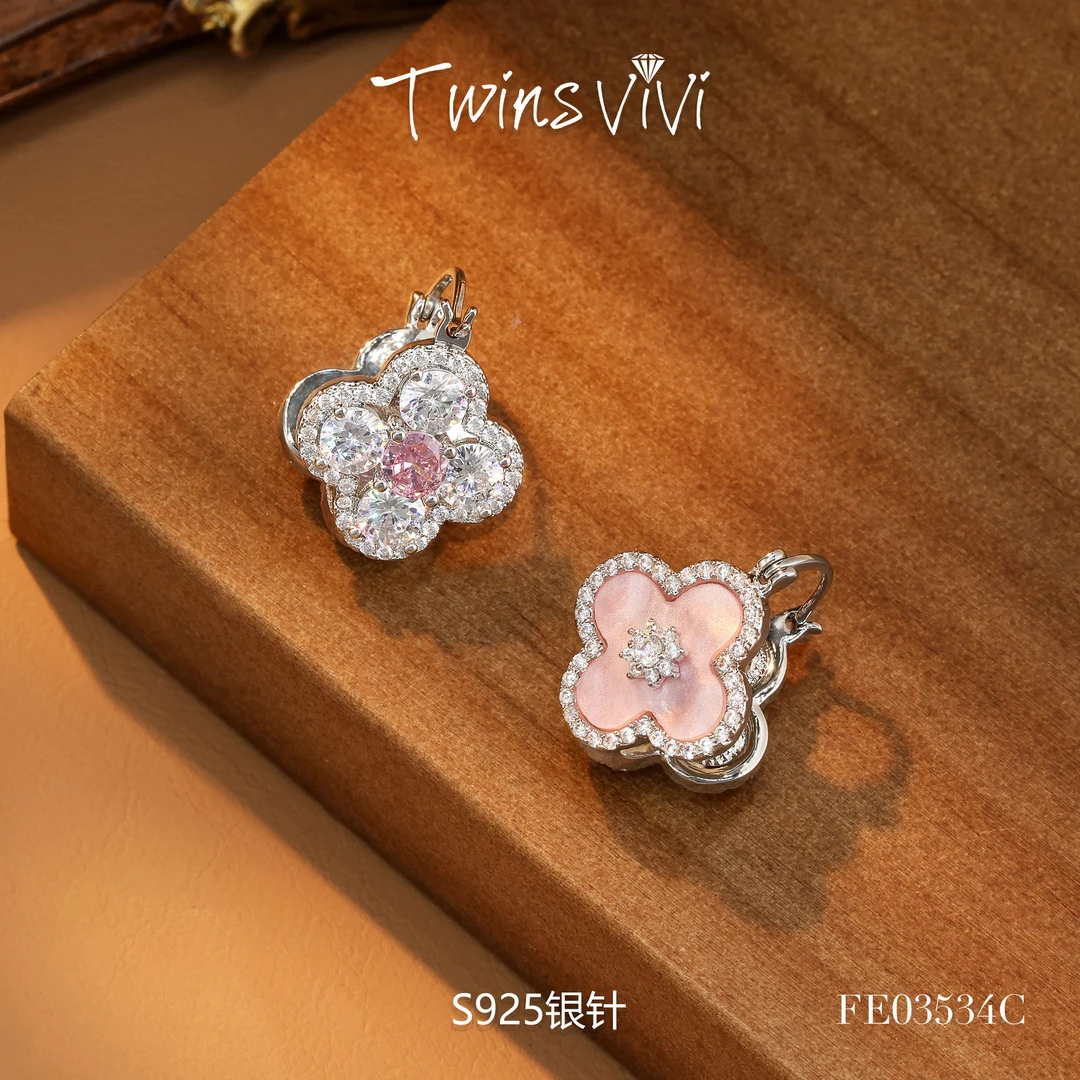 铜合金合成锆石耳饰 Twins VIVI 耳饰 粉色小花双面耳扣/FE03534