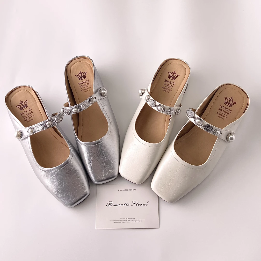 现货清仓真皮 手工女鞋气质银色包头夏季方头一字带穆勒半拖女4CM