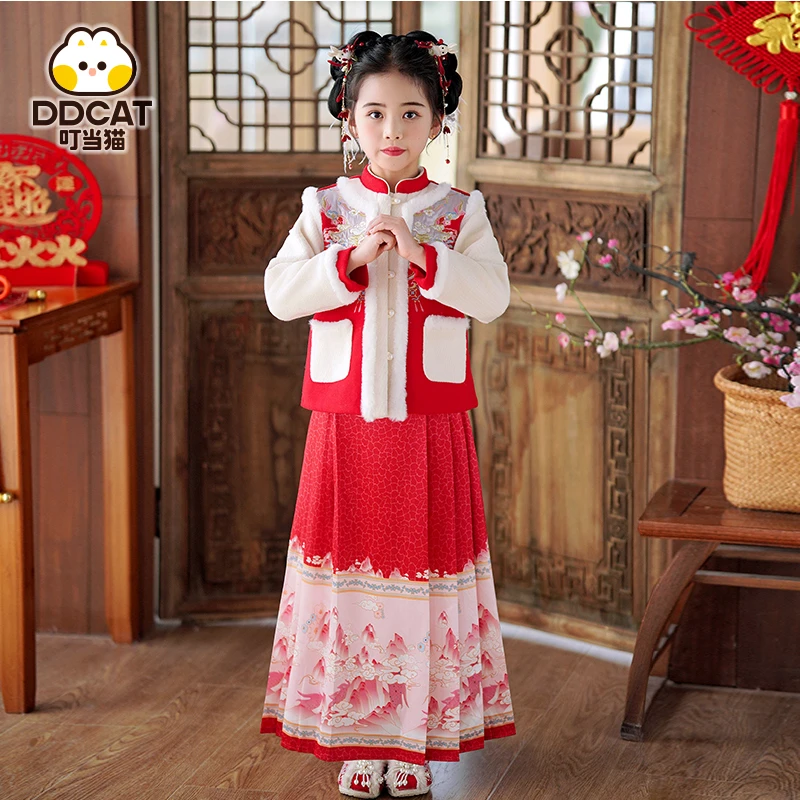 叮当猫女童拜年服马面裙套装汉服冬装2024新款加绒红色中国风