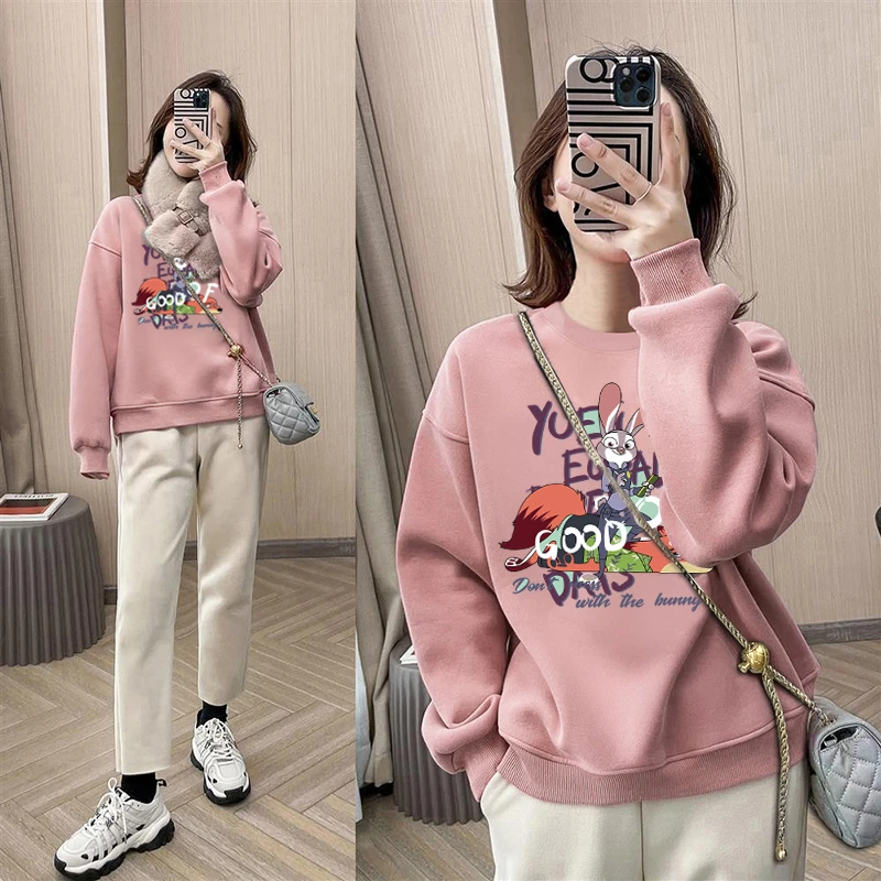 圆领套头打底衫加绒加厚卫衣女2025秋冬新款宽松韩版外套春秋薄款