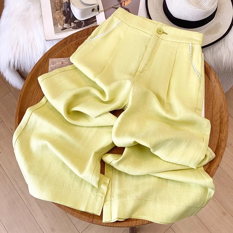 黄色棉麻阔腿裤女夏季2025新款高端冰丝防晒九分裤天丝亚麻直筒裤