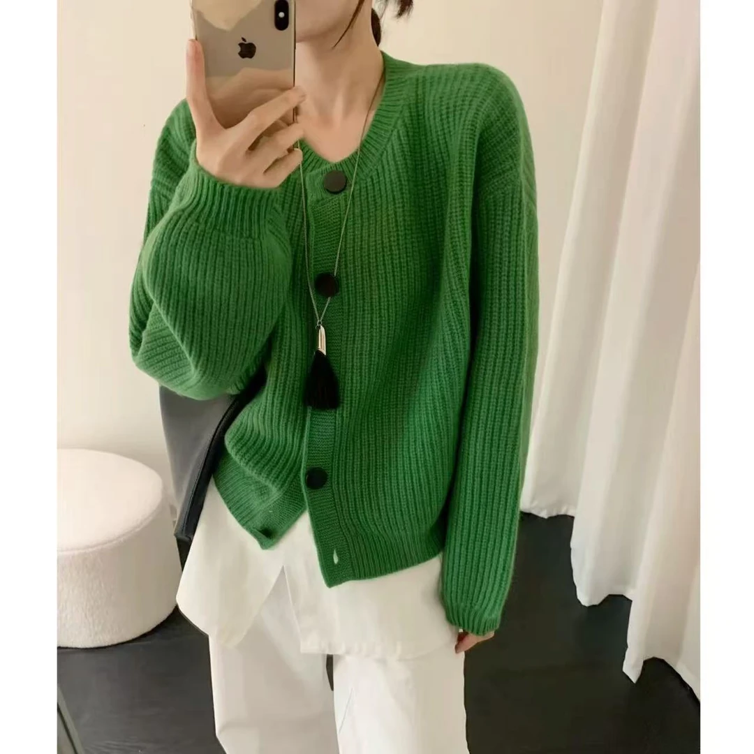 【青青子衿】落肩袖秋季加厚宽松保暖纯色针织毛衣开衫2151