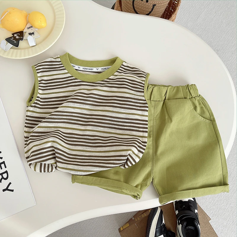 男童短袖套装薄款动漫条纹夏季婴儿撞色无袖上衣韩版运动休闲时尚